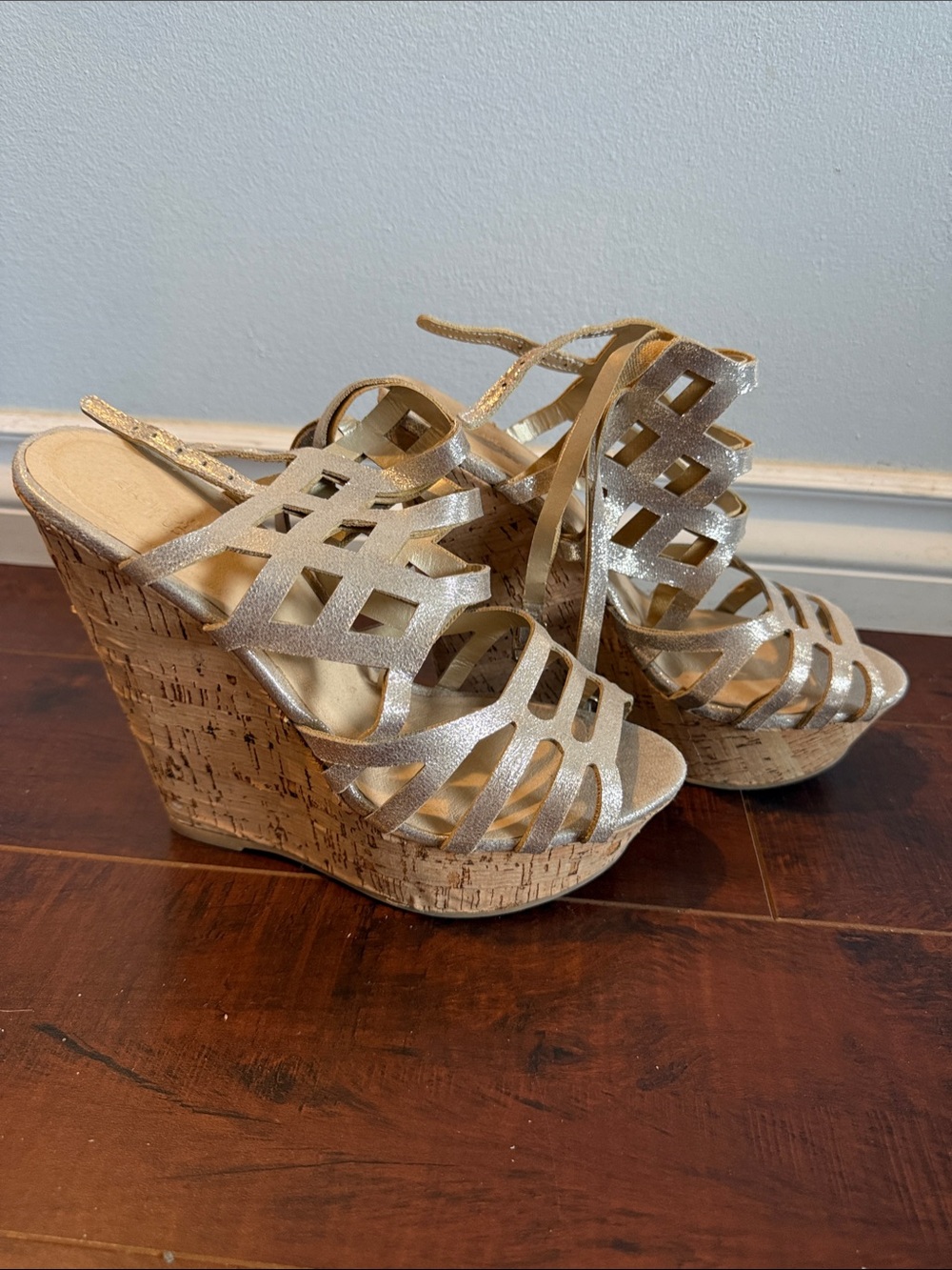 Charlotte Russe Gold Metallic Cork Wedge Sandals